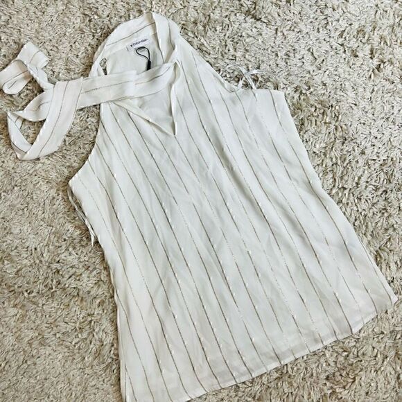 Calvin Klein Metallic Stripe Tie-Neck Halter Top White Size Small - Picture 6 of 11